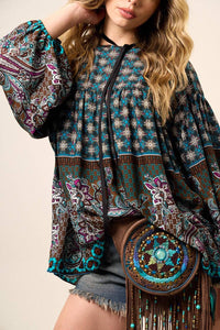 Yacamim Loose Robe with Long Billowy Sleeves and Cashmere Print B2