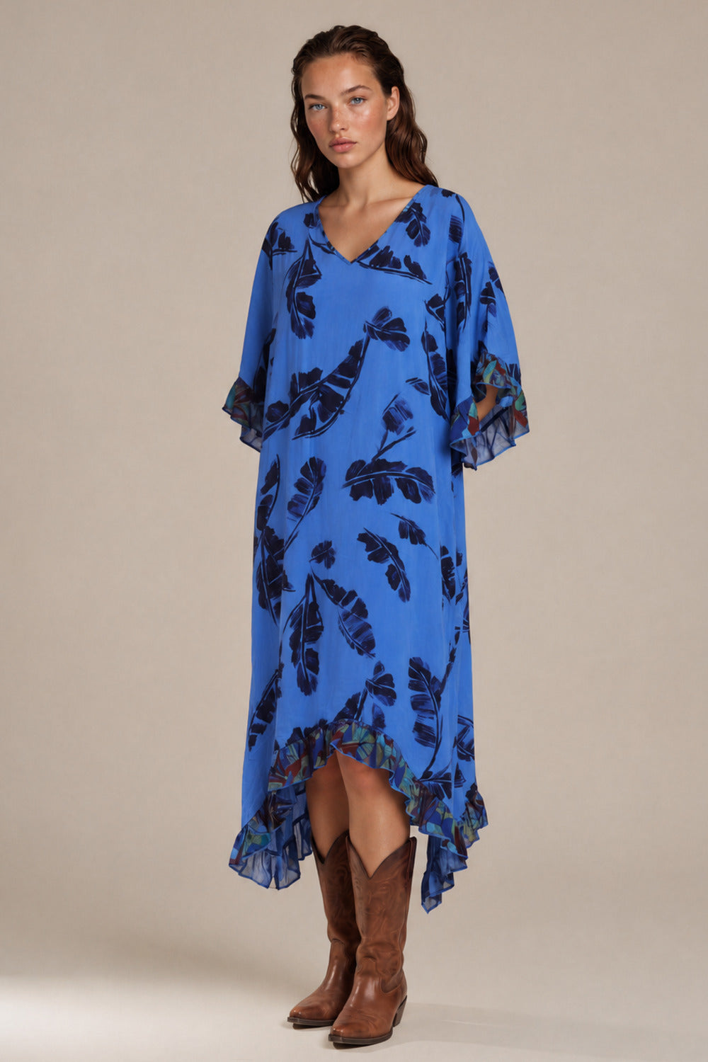 Kaftan Midi Com Babados E Pontas Laterais Azul Patchwork Yacamim J6