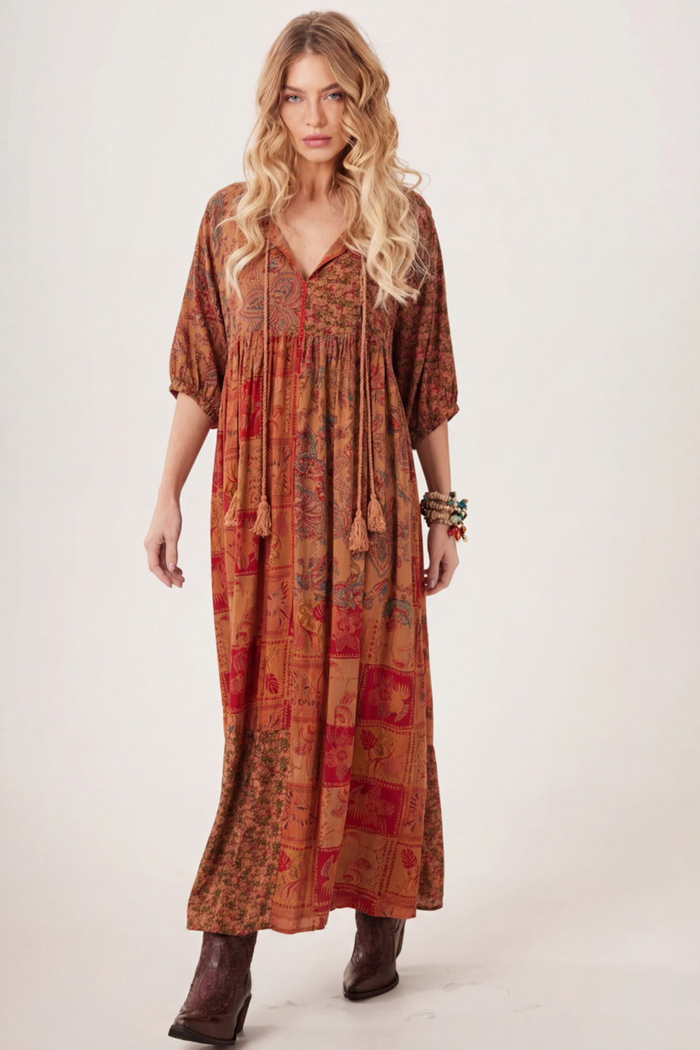Yacamim Orange Patchwork Long Dress D1