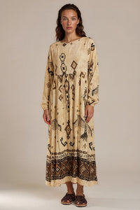 Vestido Midi Amplo Bege Estampado Coleção Peru Yacamim K1