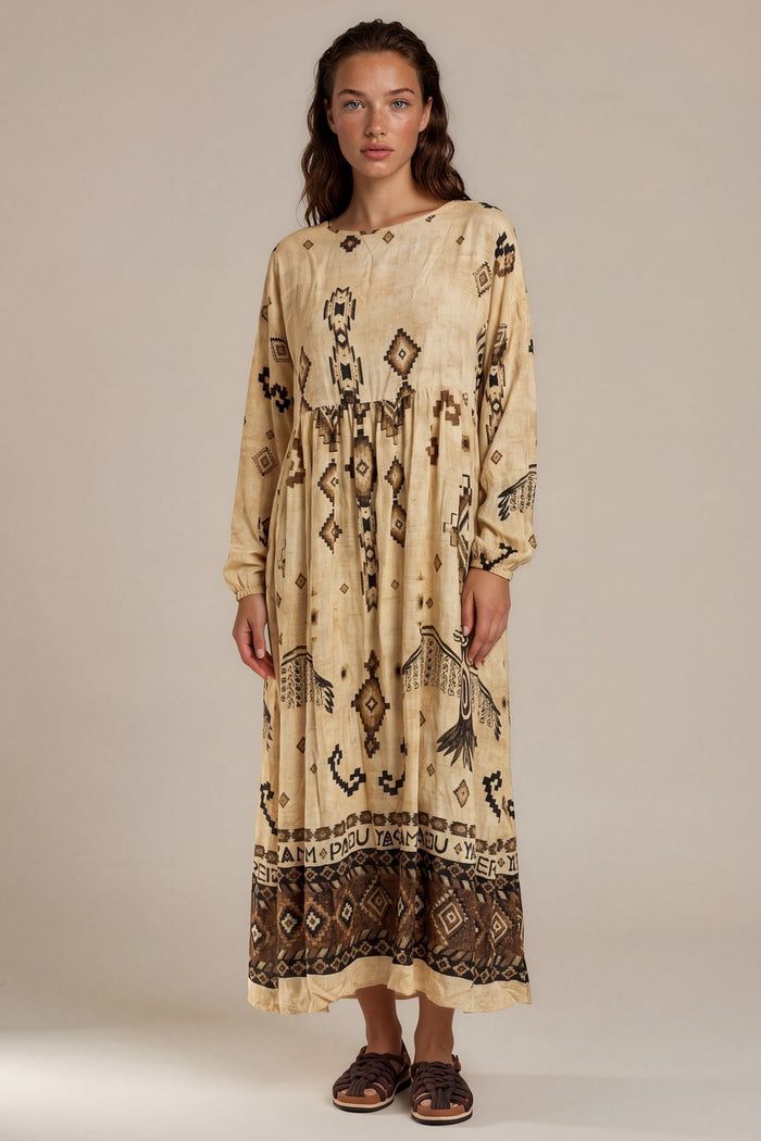 Vestido Midi Amplo Bege Estampado Coleção Peru Yacamim K1