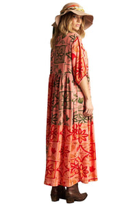 Midi Dress with 3/4 Sleeves Pink Patchwork Yacamim