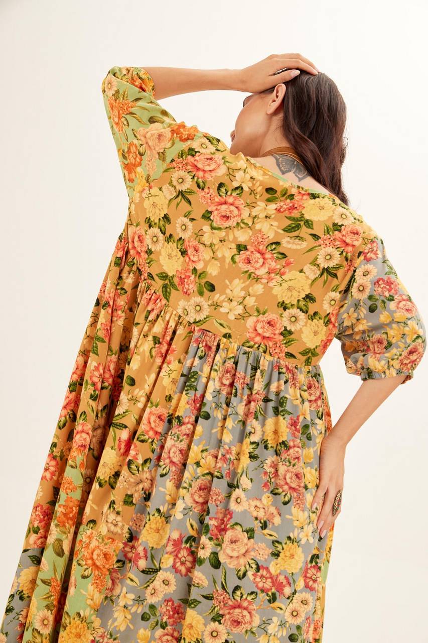 Yacamim Yellow Patchwork 3/4 Sleeve Midi Dress