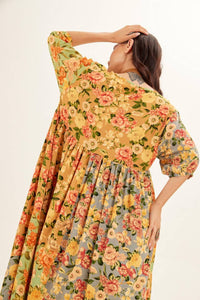 Yacamim Yellow Patchwork 3/4 Sleeve Midi Dress