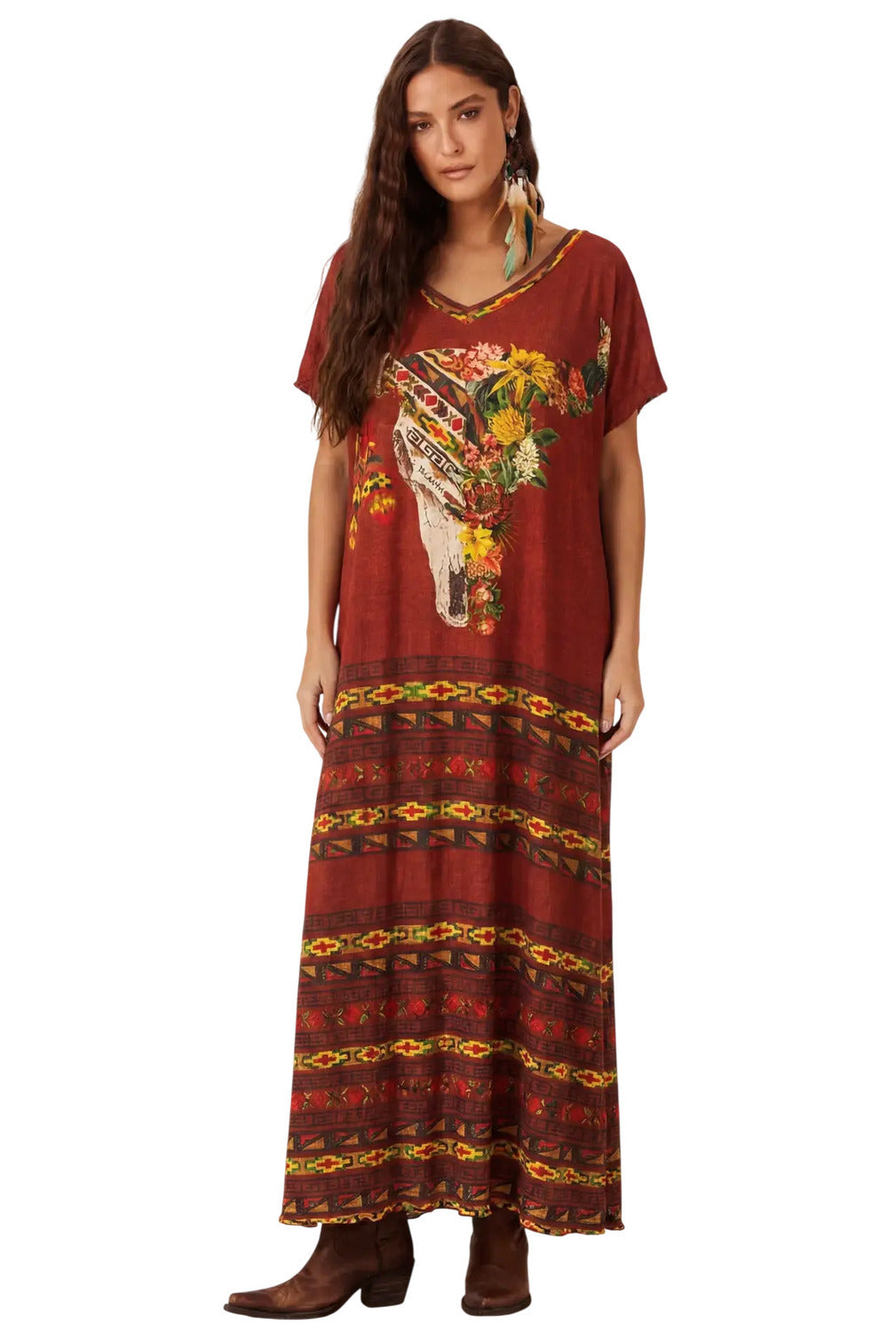 Vestido Midi De Viscolinho Terracota Estampado Yacamim E4
