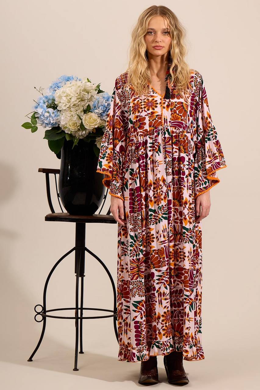 Yacamim Printed Beige and Burgundy Long Dress with Flare Sleeves