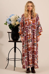 Yacamim Printed Beige and Burgundy Long Dress with Flare Sleeves