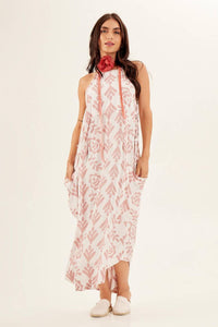 Yacamim Off-White and Rose Printed Midi Dress with Side Adjustments