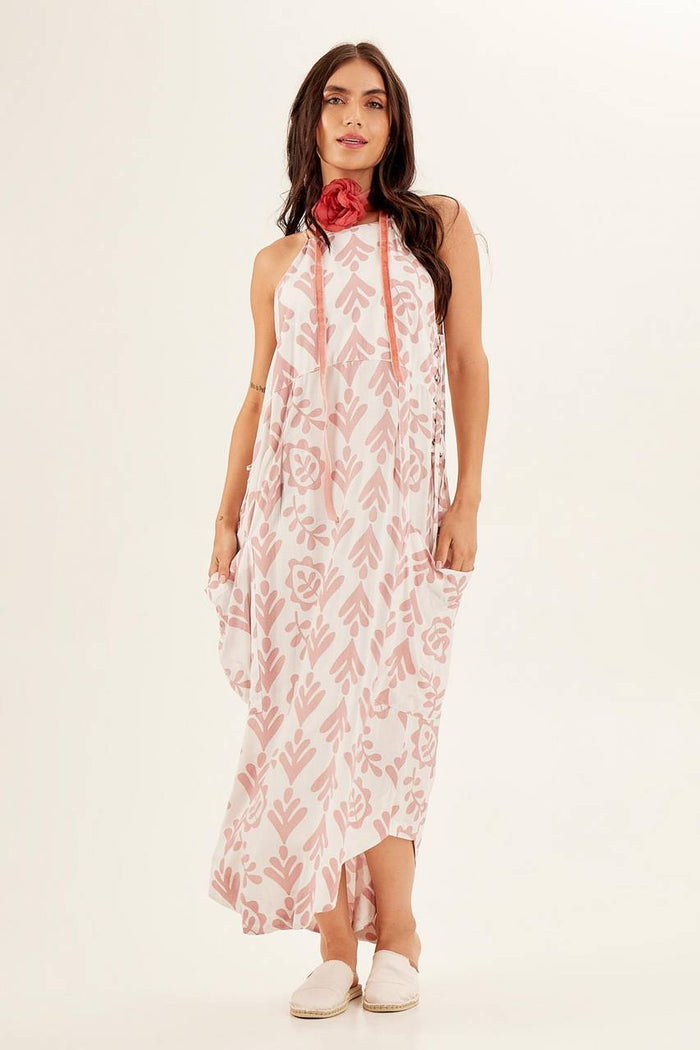 Yacamim Off-White and Rose Printed Midi Dress with Side Adjustments