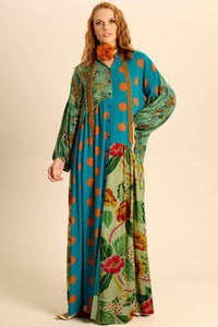 Yacamim Green Patchwork Long Chemise Dress with Asymmetrical Cutouts