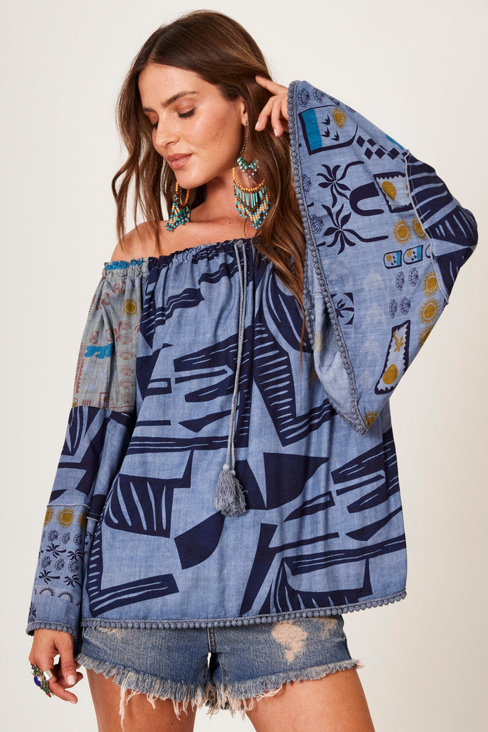 Yacamim Women's Gypsy Blouse with Flared Sleeves Blue Patchwork B21