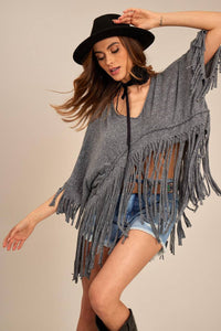 Women's Beach Cover-Up with Fringes Dark Gray Mélange Yacamim I5