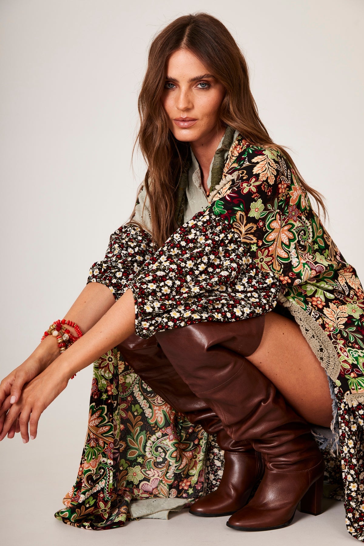 Yacamim K8 Green Patchwork Print Long Shirt Dress