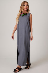 Yacamim D20 Dark Grey Linen Sleeveless Midi Dress Plain