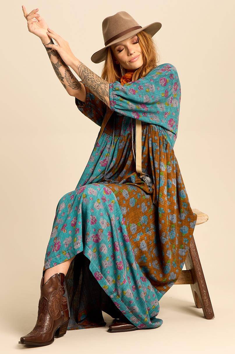 Teal Long Dress with Pom-pom Drawstrings Patchwork Yacamim