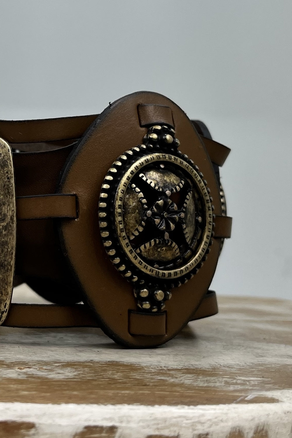 Yacamim Brown Leather Belt with Buckle and Antique Gold Details #220