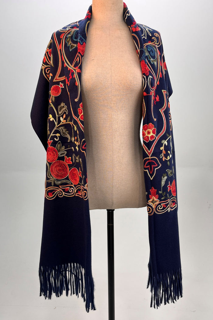 Yacamim Embroidered Navy Blue Cashmere Scarf #321