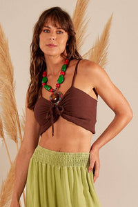 Dark Brown Drawstring Cropped Top Yacamim F4