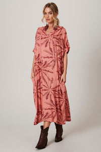 Yacamim C25 Pink Printed Hooded Linen Midi Dress