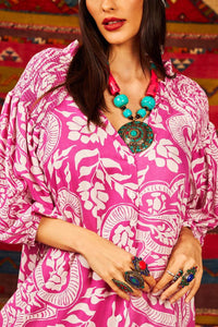 Yacamim Printed Pink Long Chemise Dress with 3/8 Puffed Sleeves