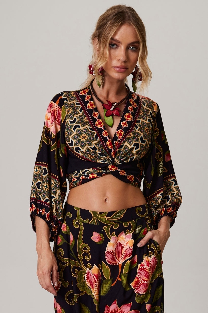 Black Printed Wrap Cropped Top with Ties Yacamim A33