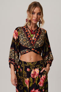 Black Printed Wrap Cropped Top with Ties Yacamim A33