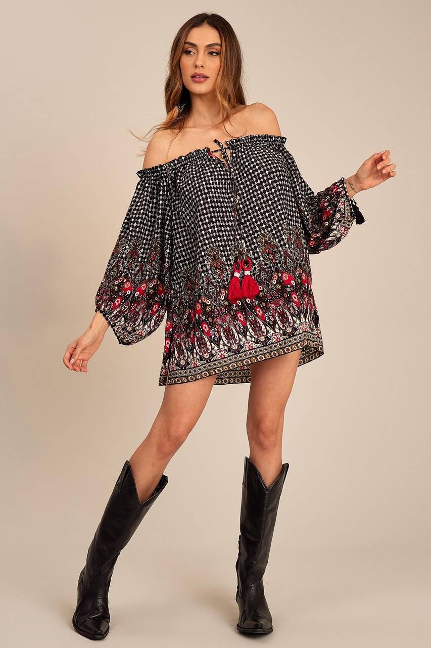 Yacamim Black Printed Boho Tunic with Long Puff Sleeves