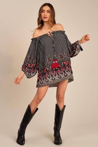 Yacamim Black Printed Boho Tunic with Long Puff Sleeves