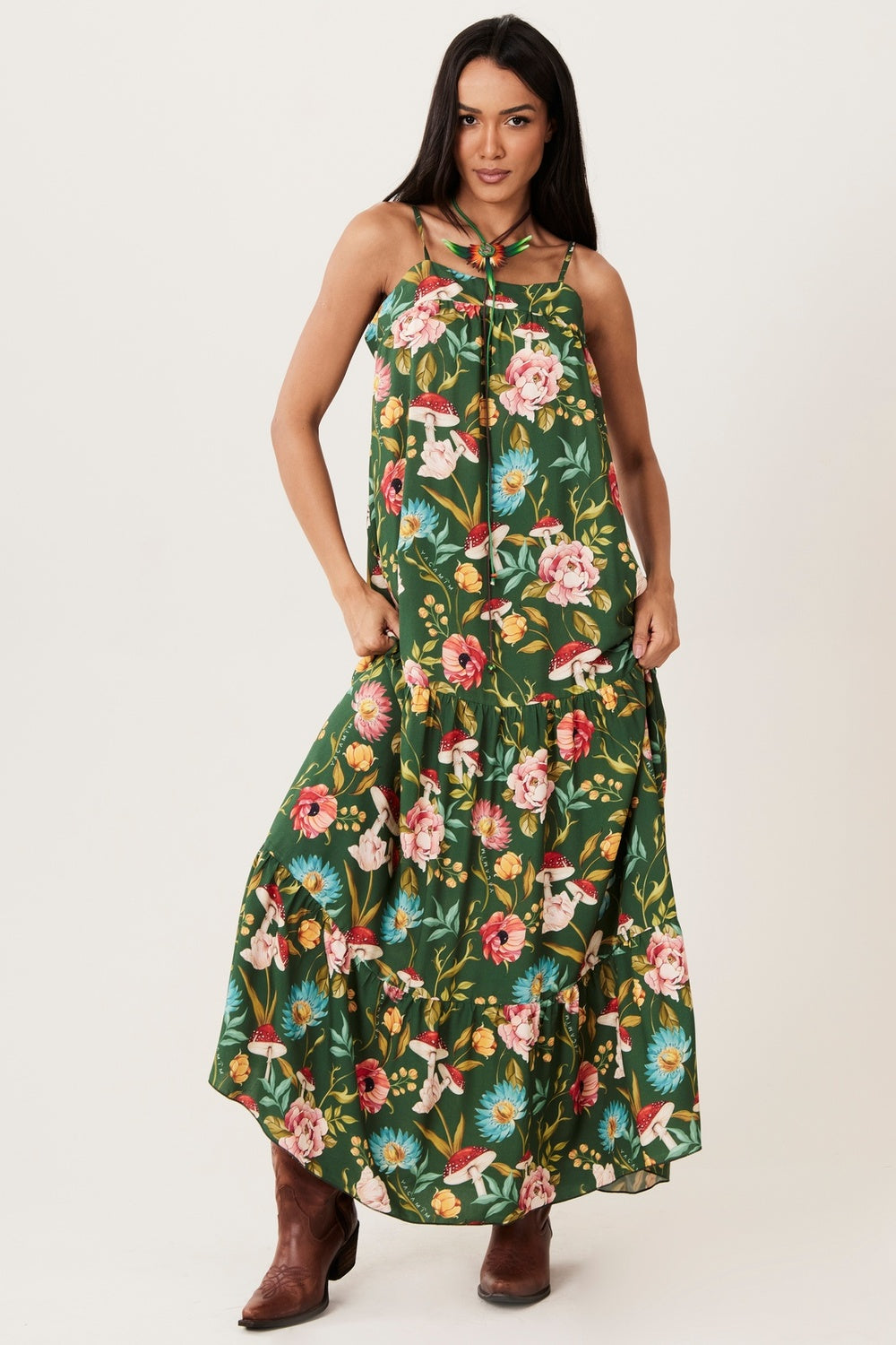 Yacamim Women's Long Ruffled Green Printed Dress C5