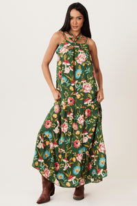 Yacamim Women's Long Ruffled Green Printed Dress C5