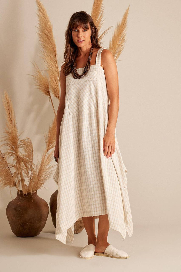Yacamim D2 Plaid Beige Linen Midi Dress
