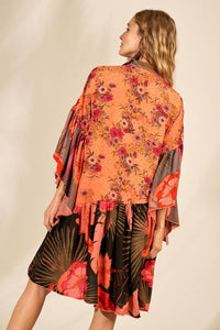 Yacamim Orange Patchwork Asymmetrical Ruffled Short Shirtdress