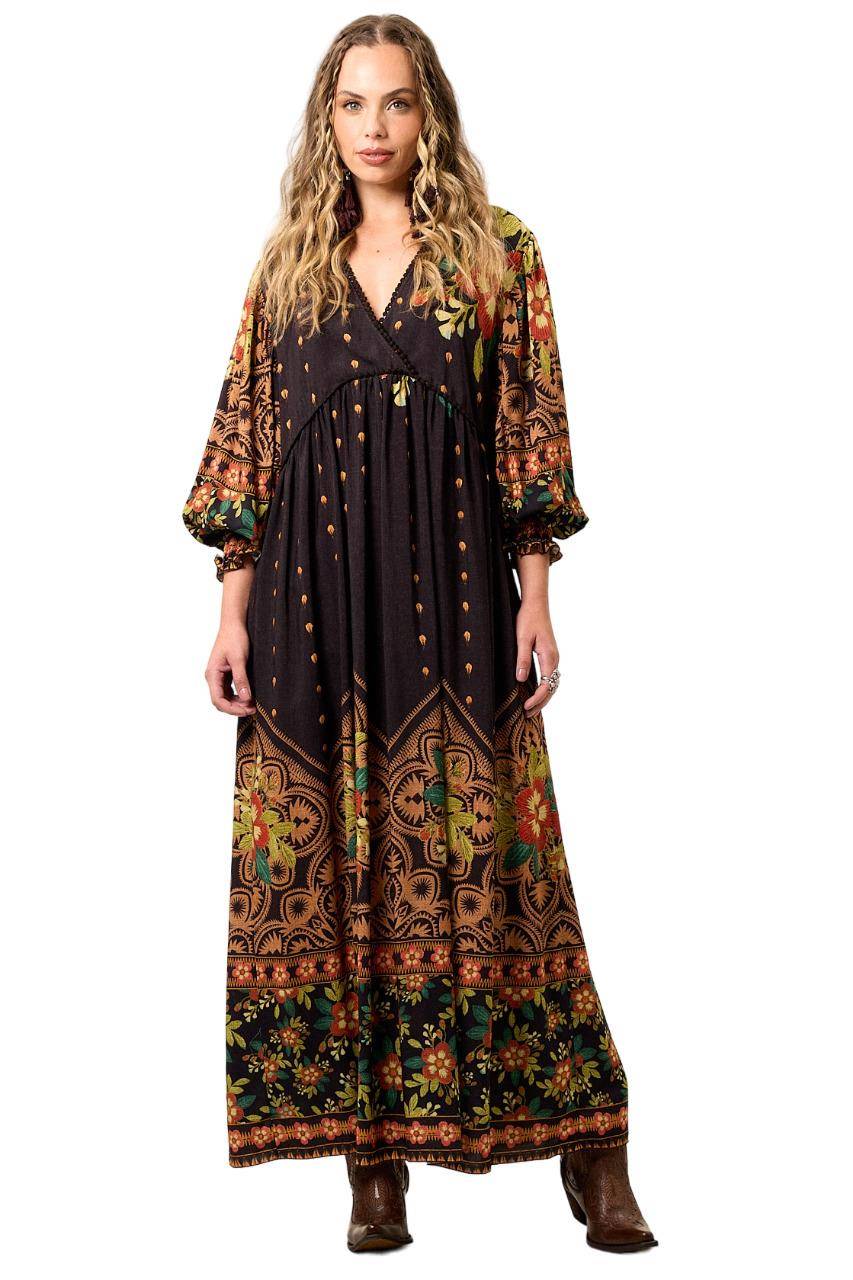 Yacamim Printed Black Flowy Long Dress with Puffy Long Sleeves