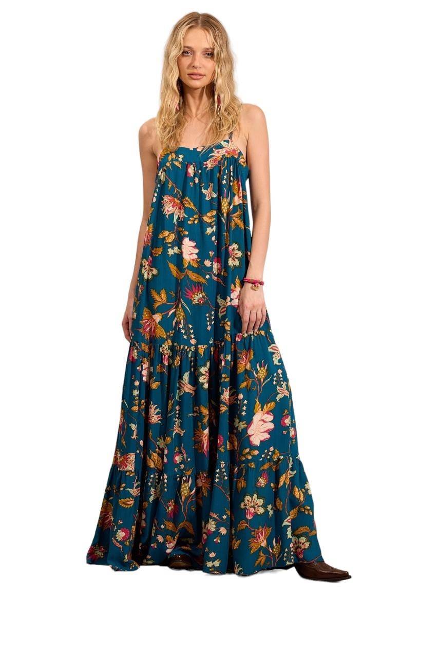 Yacamim Printed Blue Long Dress with Adjustable Straps and Ruffles
