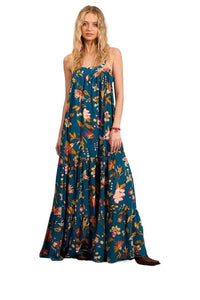 Yacamim Printed Blue Long Dress with Adjustable Straps and Ruffles