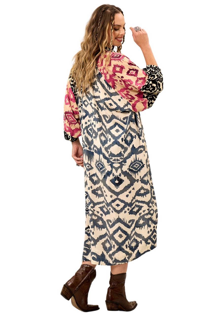 Yacamim Patchwork Print Off-White 3/4 Sleeve Loose Shirt