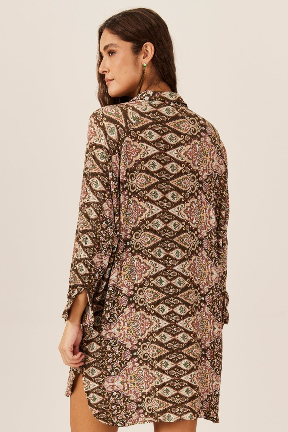 Yacamim P9 Brown Loose Paisley Print Shirt