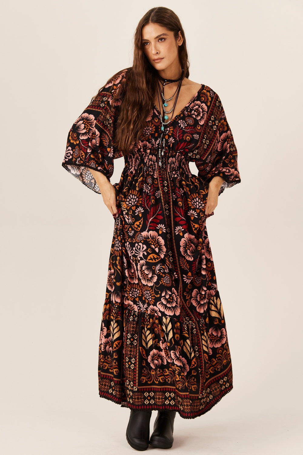 Yacamim C18 Printed Black Shirred Long Dress