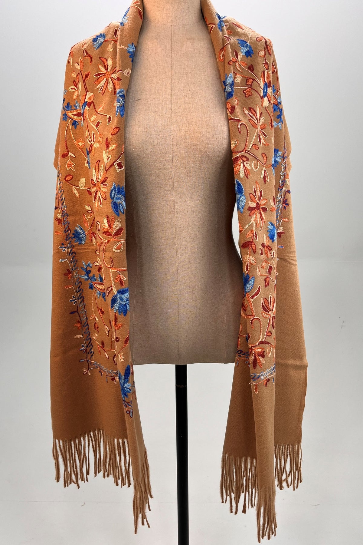 Light Brown Embroidered Cashmere Scarf Yacamim #322