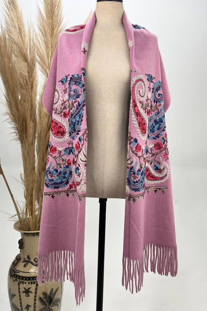 Embroidered Pink Cashmere Scarf Yacamim #162