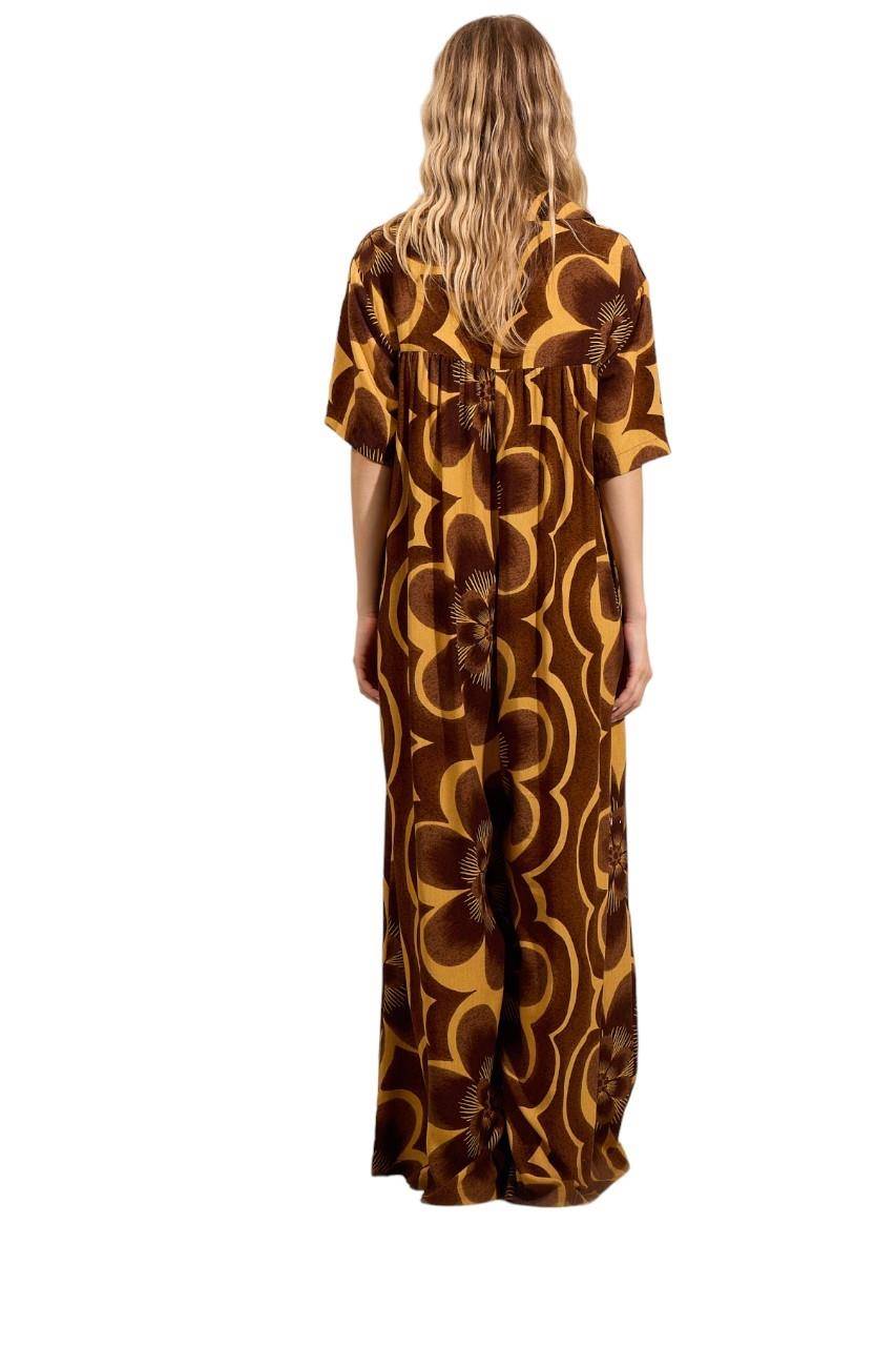 Yacamim Brown Printed V-Neck Wide-Leg Jumpsuit