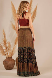 Women's Long Skirt With Shirred Waistband Dark Green Patchwork Yacamim G2
