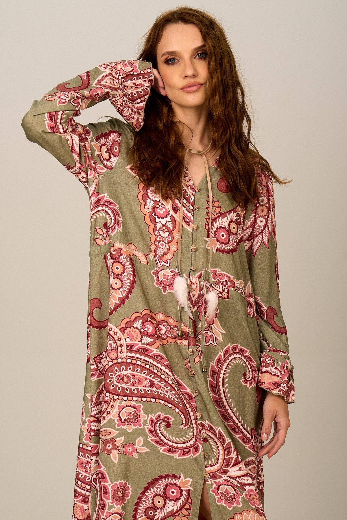 Yacamim D13 Green Paisley Print Long Dress
