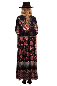 Yacamim Black Printed 3/4 Sleeve Long Dress