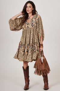 Light Brown Short Patchwork Dress Yacamim E26