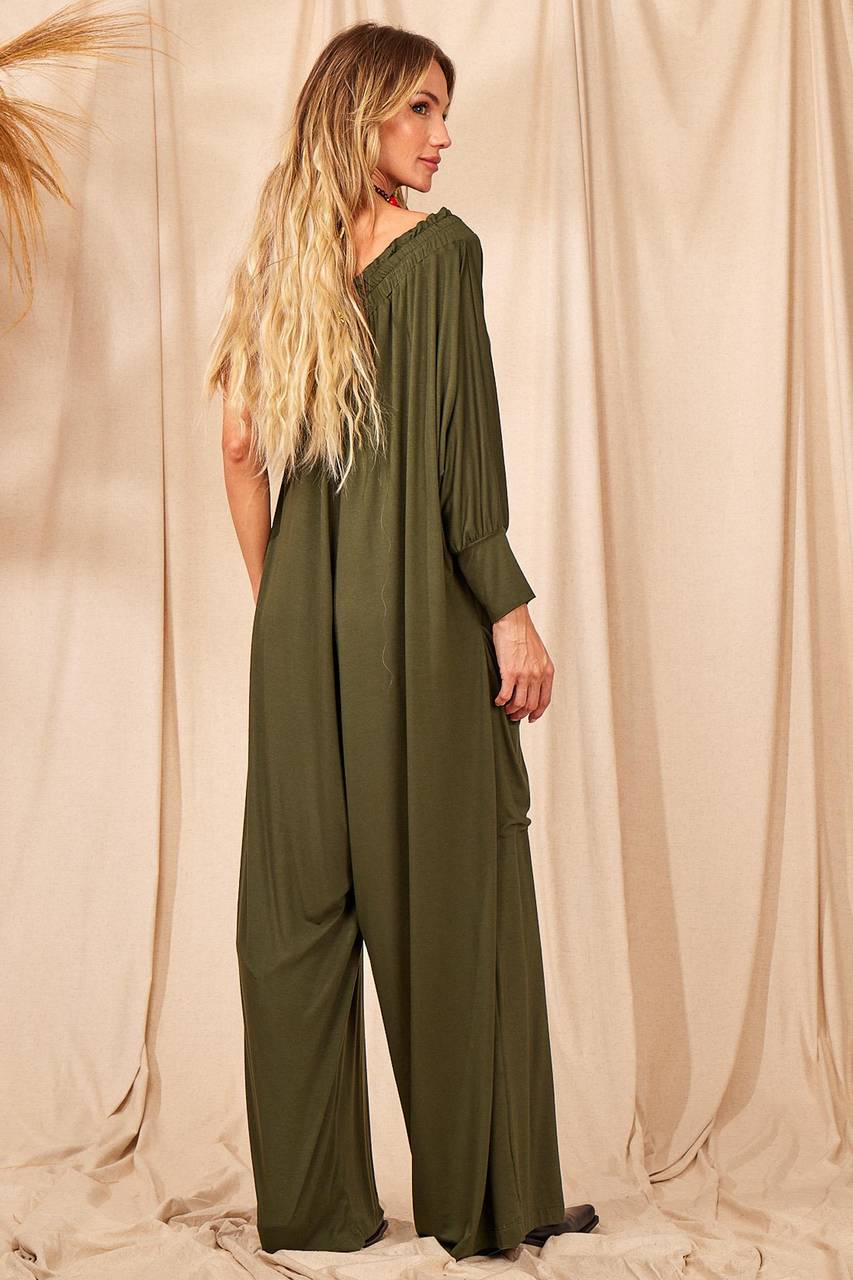 Yacamim Dark Green One-Shoulder Wide-Leg Jumpsuit with Pockets