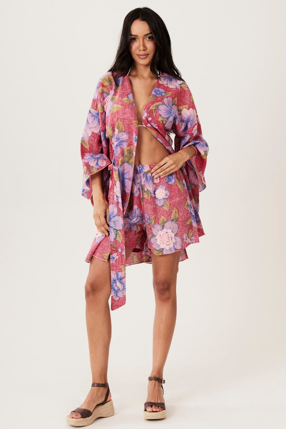 Inhotim Short Kimono 100% Cotton Red Floral Yacamim R6
