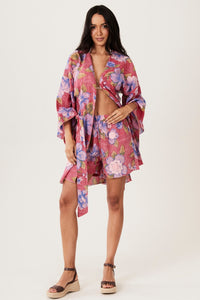 Inhotim Short Kimono 100% Cotton Red Floral Yacamim R6