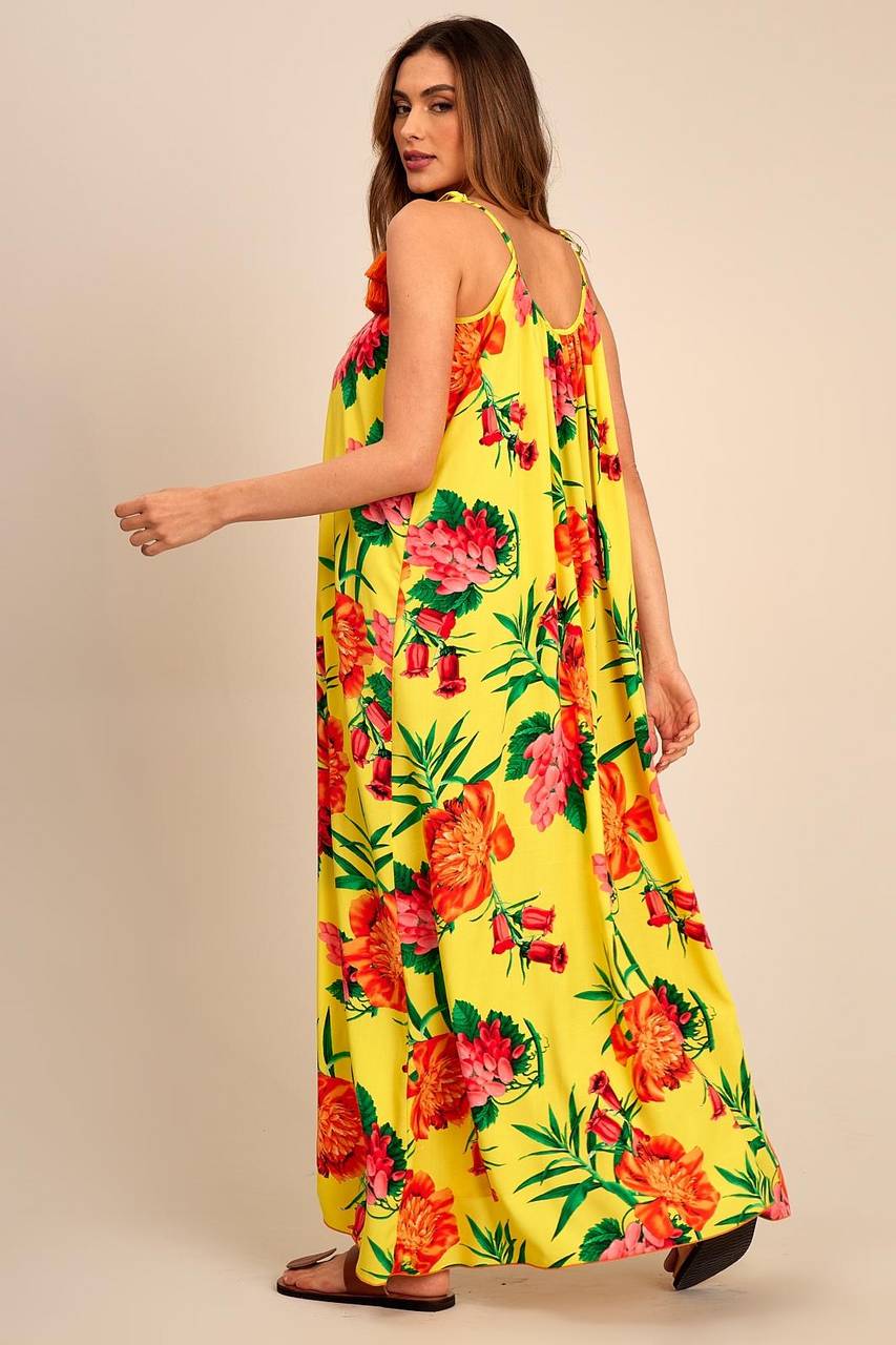 Yacamim Printed Yellow Basic Long Dress with Tie Straps