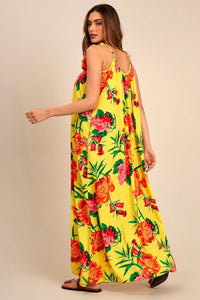 Yacamim Printed Yellow Basic Long Dress with Tie Straps